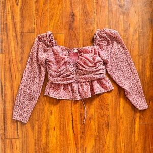 Beyond Words Pink Floral Ruched Long-Sleeve Peplum Top